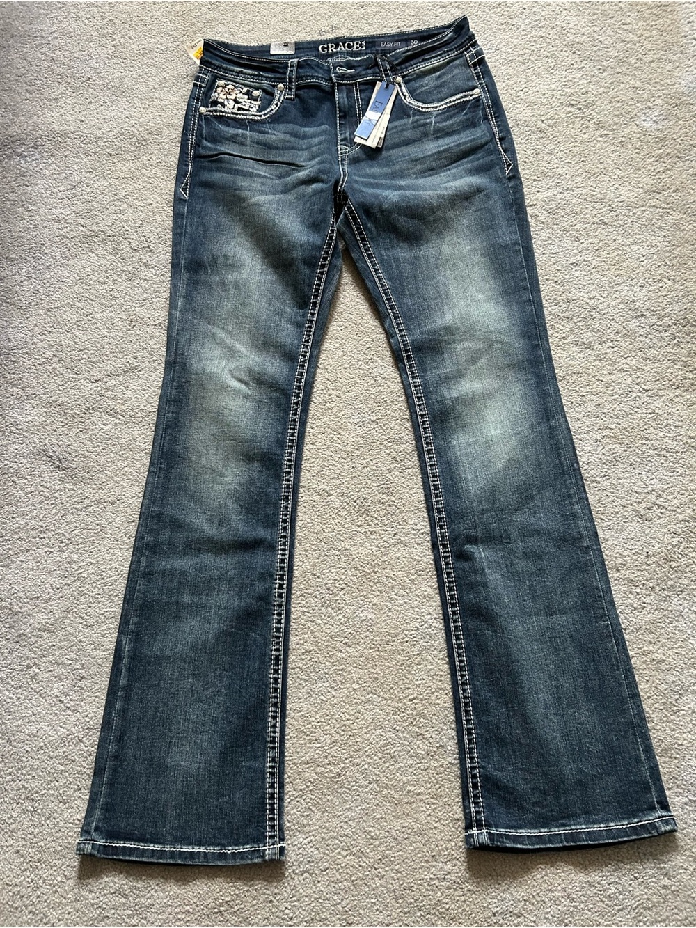 Grace in LA Women's Dark Blue bootcut Jeans with Embellished Pockets, size 30